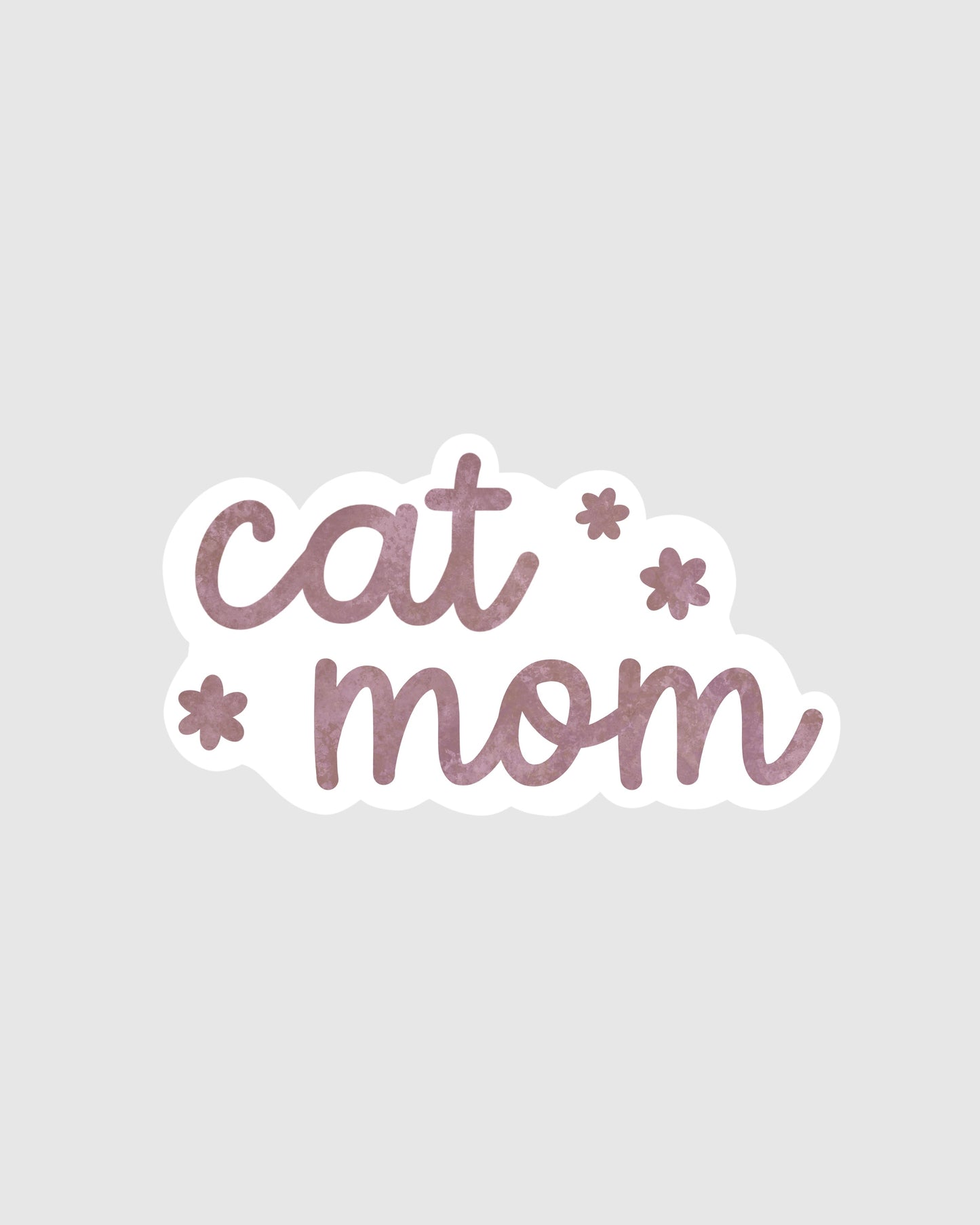 Sticker with 'cat mom' text on a light gray background