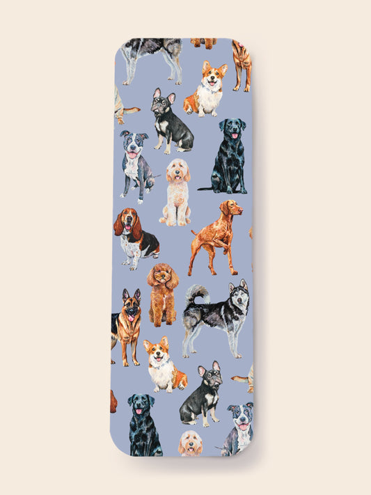 bookmark with a pattern of various dogs on a blue background