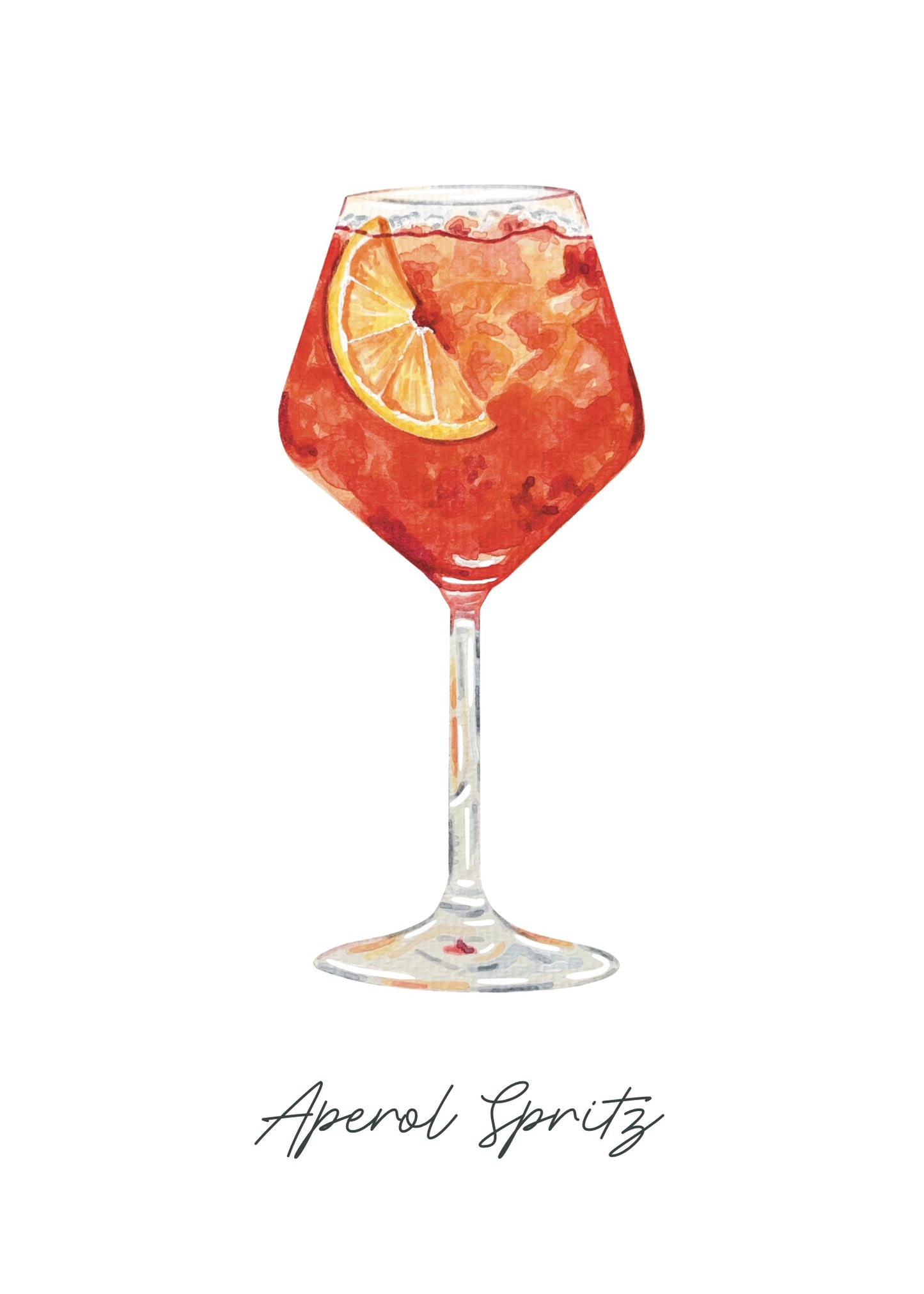 An art print featuring a watercolor illustration of a glass filled with a red cocktail garnished with an orange slice, labeled 'Aperel Spritz'.
