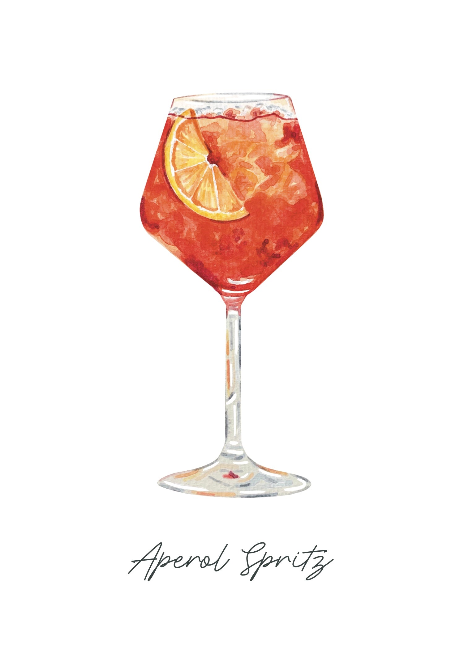 An art print featuring a watercolor illustration of a glass filled with a red cocktail garnished with an orange slice, labeled 'Aperel Spritz'.