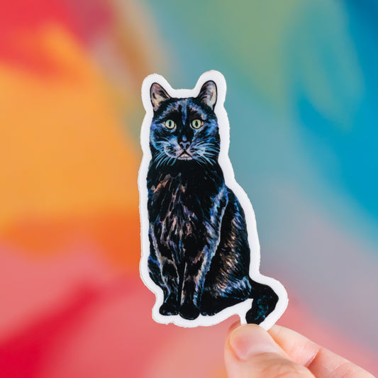 Sticker of a black cat held against a colorful background