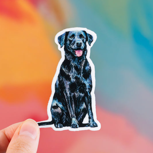 Sticker of a black dog held against a colorful background