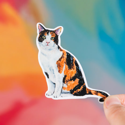 Calico cat sticker held against a colorful background