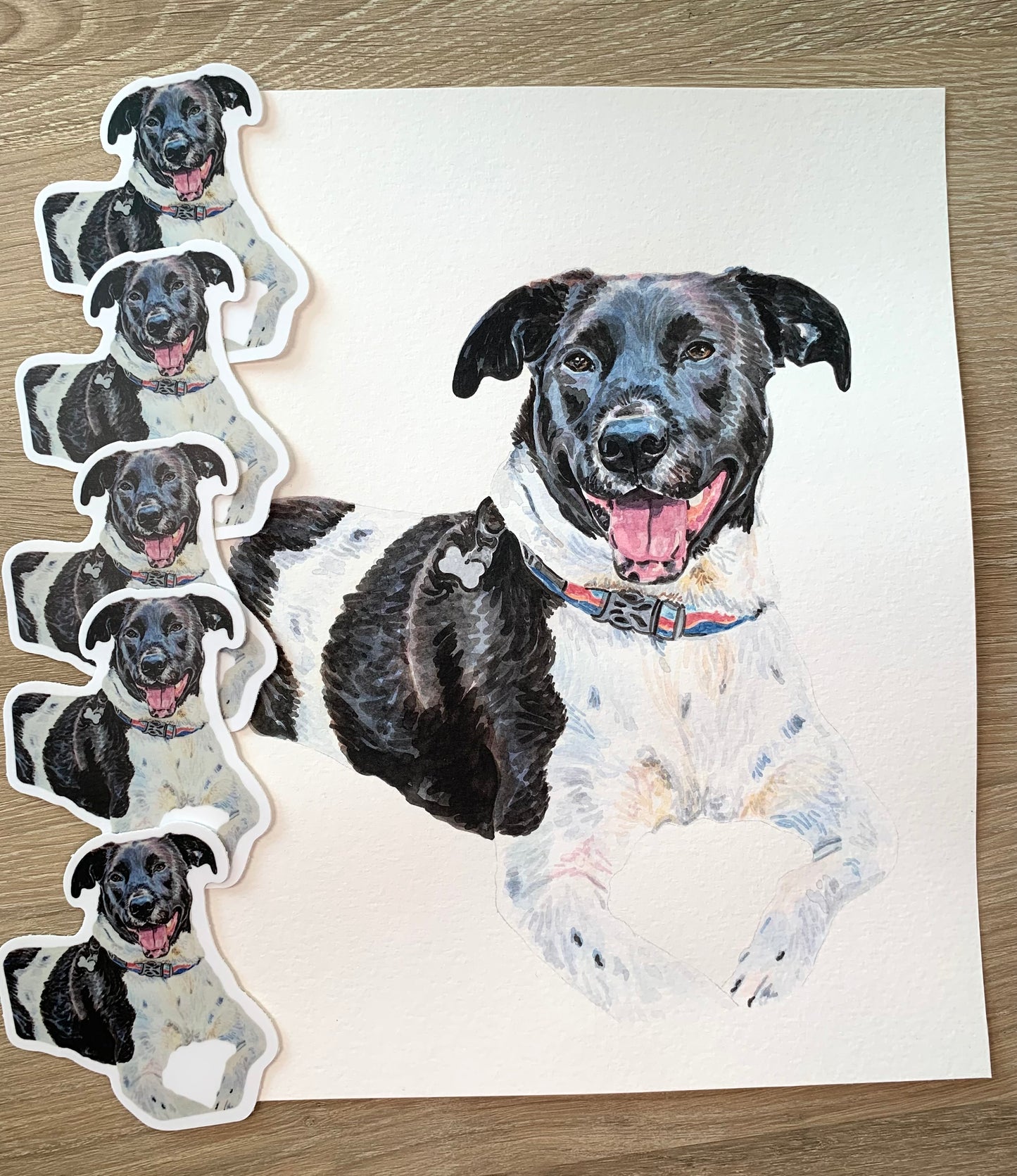 A pet portrait with matching stickers on a wooden background