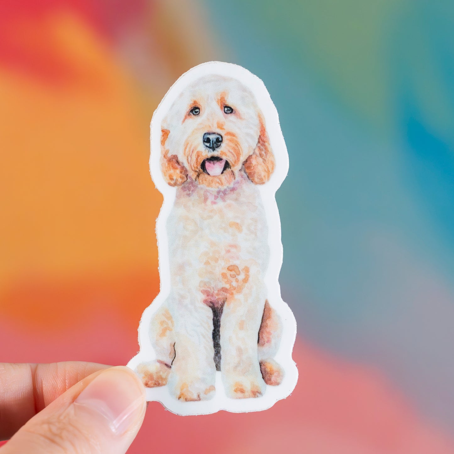 Sticker of a labradoodle dog held by a hand with a colorful blurred background