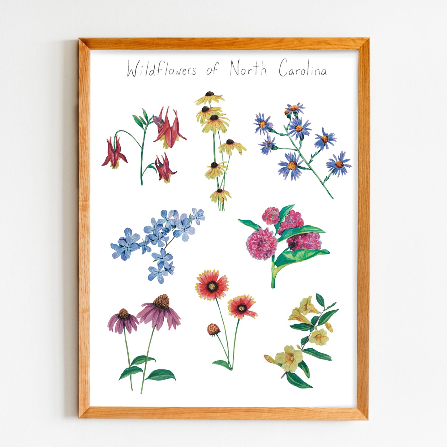 An 8x10 inch art print of various wildflowers with the text 'Wildflowers of North Carolina' on the top. The print is framed in a wooden frame.