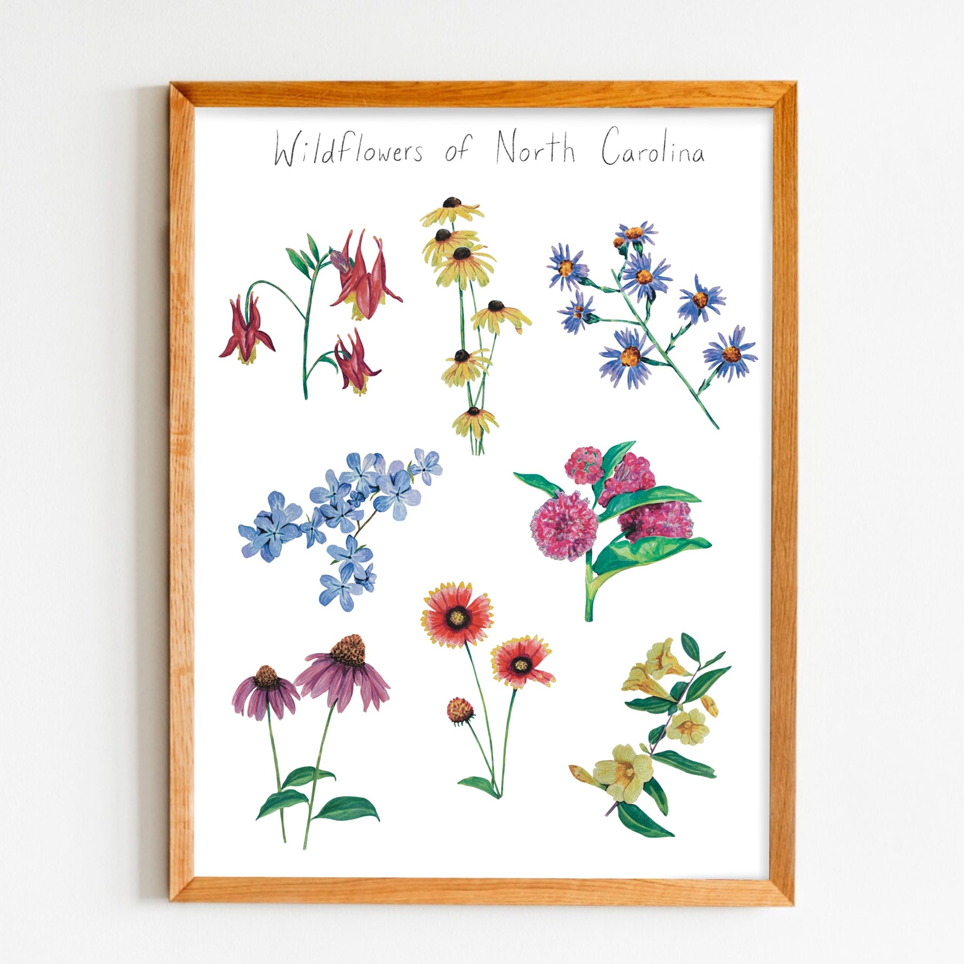An 8x10 inch art print of various wildflowers with the text 'Wildflowers of North Carolina' on the top. The print is framed in a wooden frame.