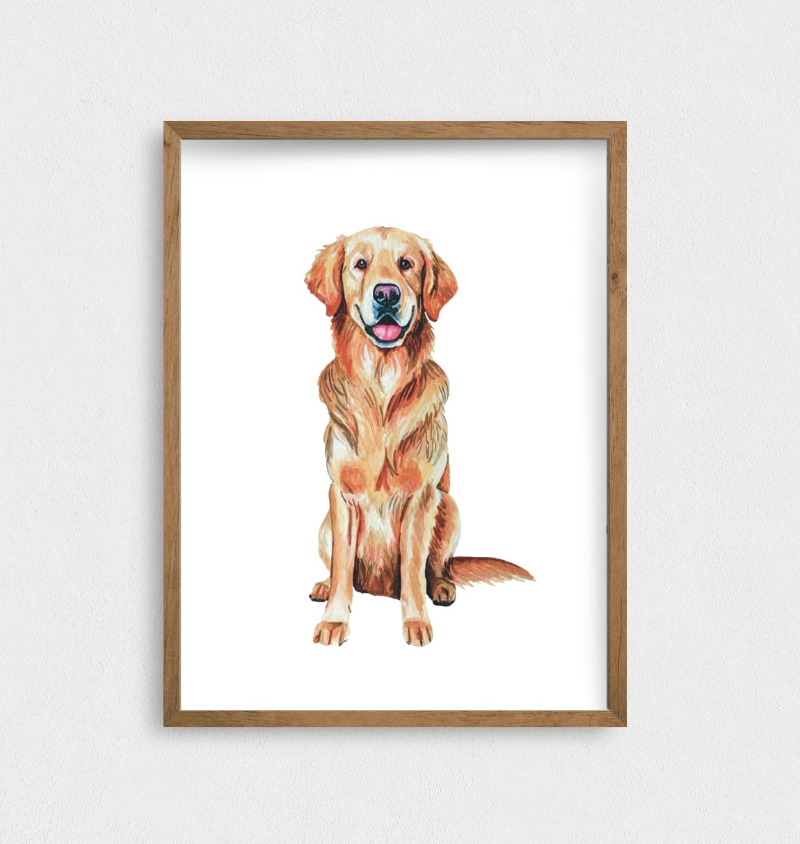 A watercolor art print of a golden retriever dog sitting, with a wooden frame around the top edge.