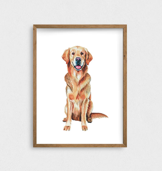 A watercolor art print of a golden retriever dog sitting, with a wooden frame around the top edge.