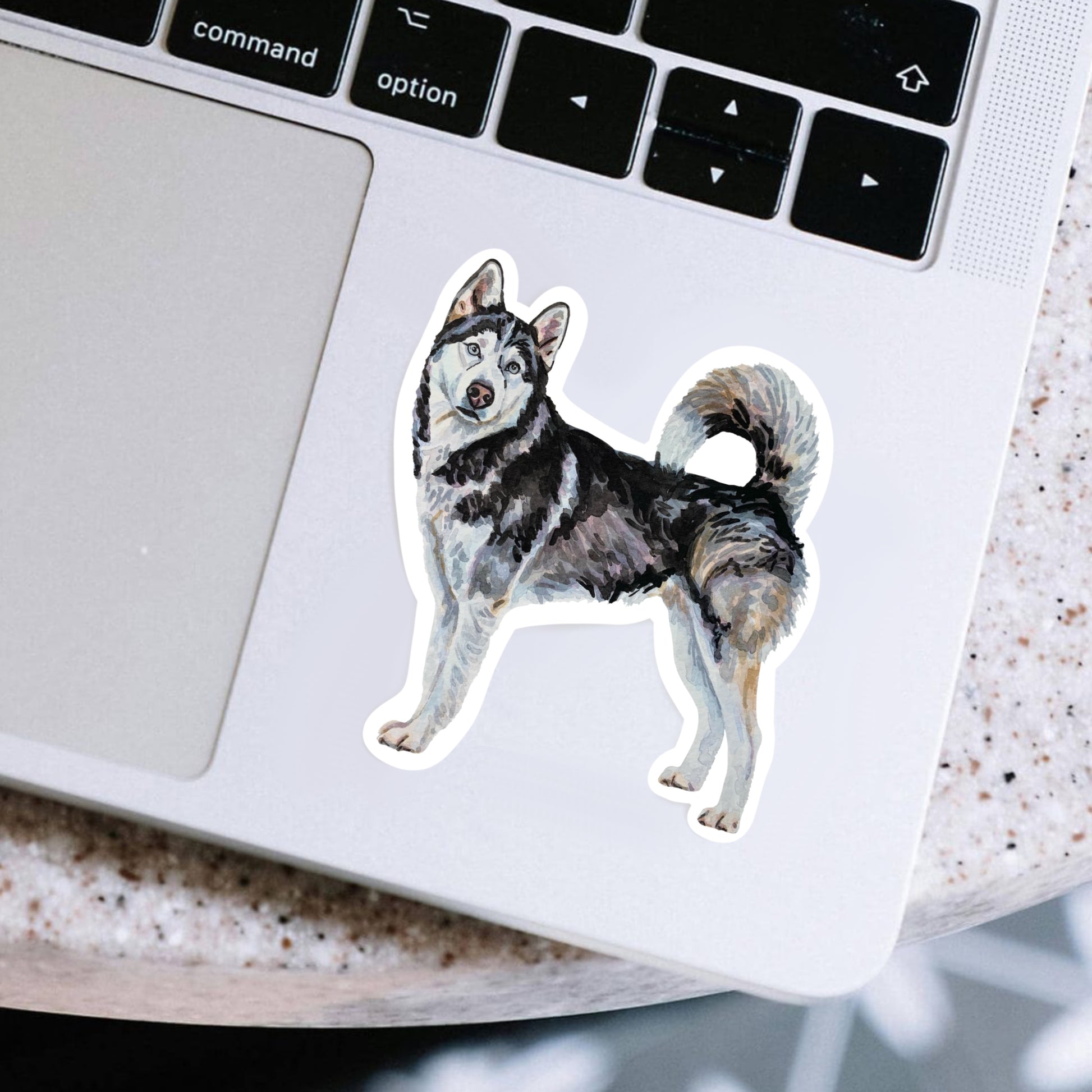 Laptop with a husky dog sticker on the palm rest area
