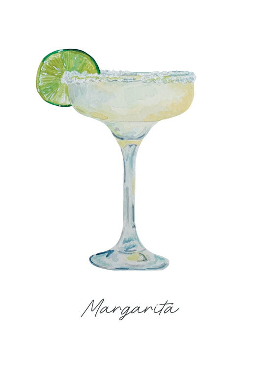 An art print featuring a margarita cocktail with a lime slice on the rim of the glass, labeled 'MARGARITA' at the bottom.