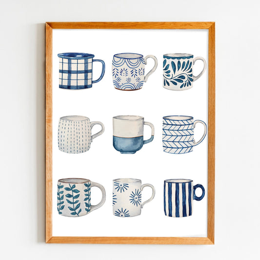 Framed artwork of nine blue and white mugs with various patterns on a white background