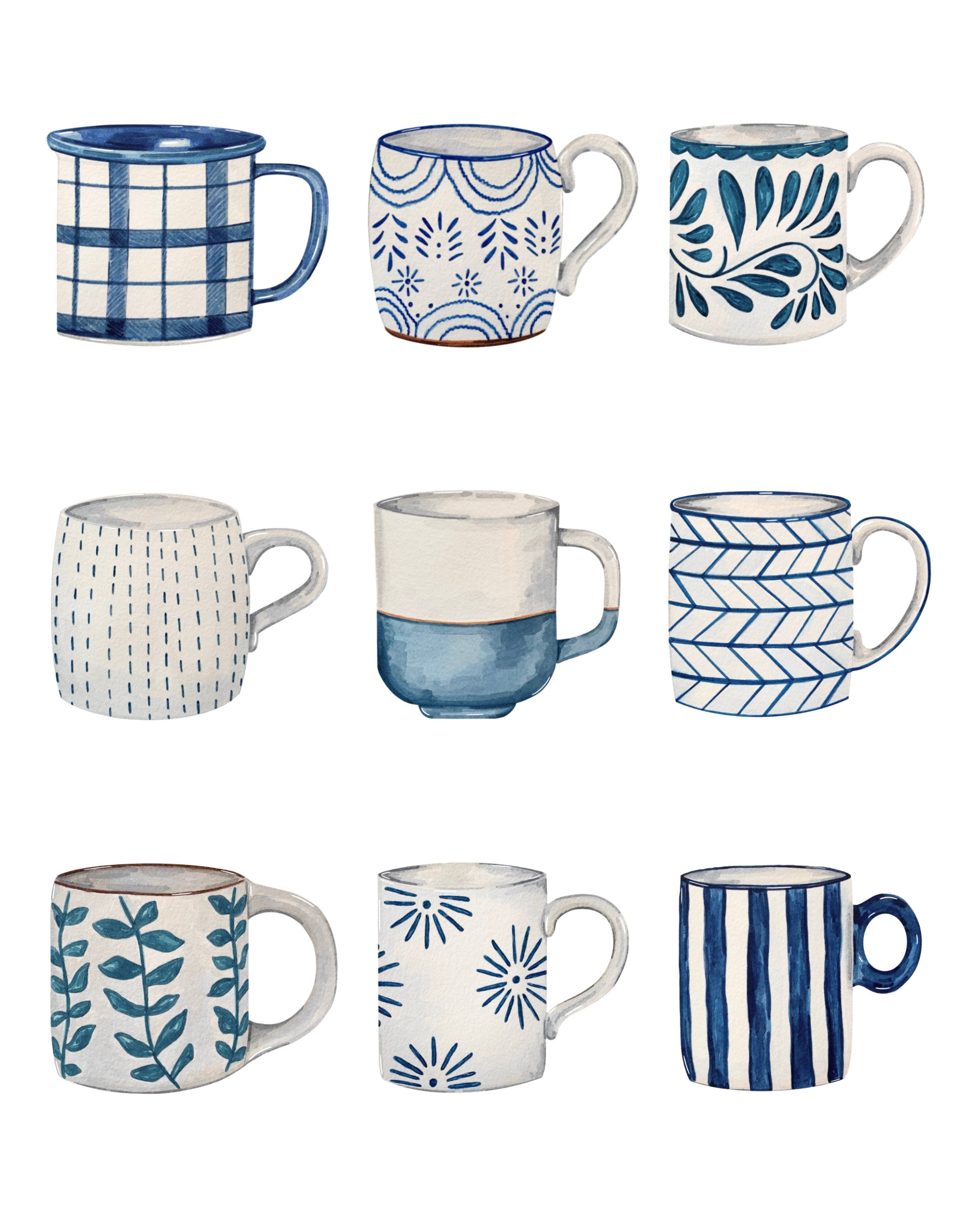 Watercolor illustration of a set of nine mugs with various blue and white patterns on a white background