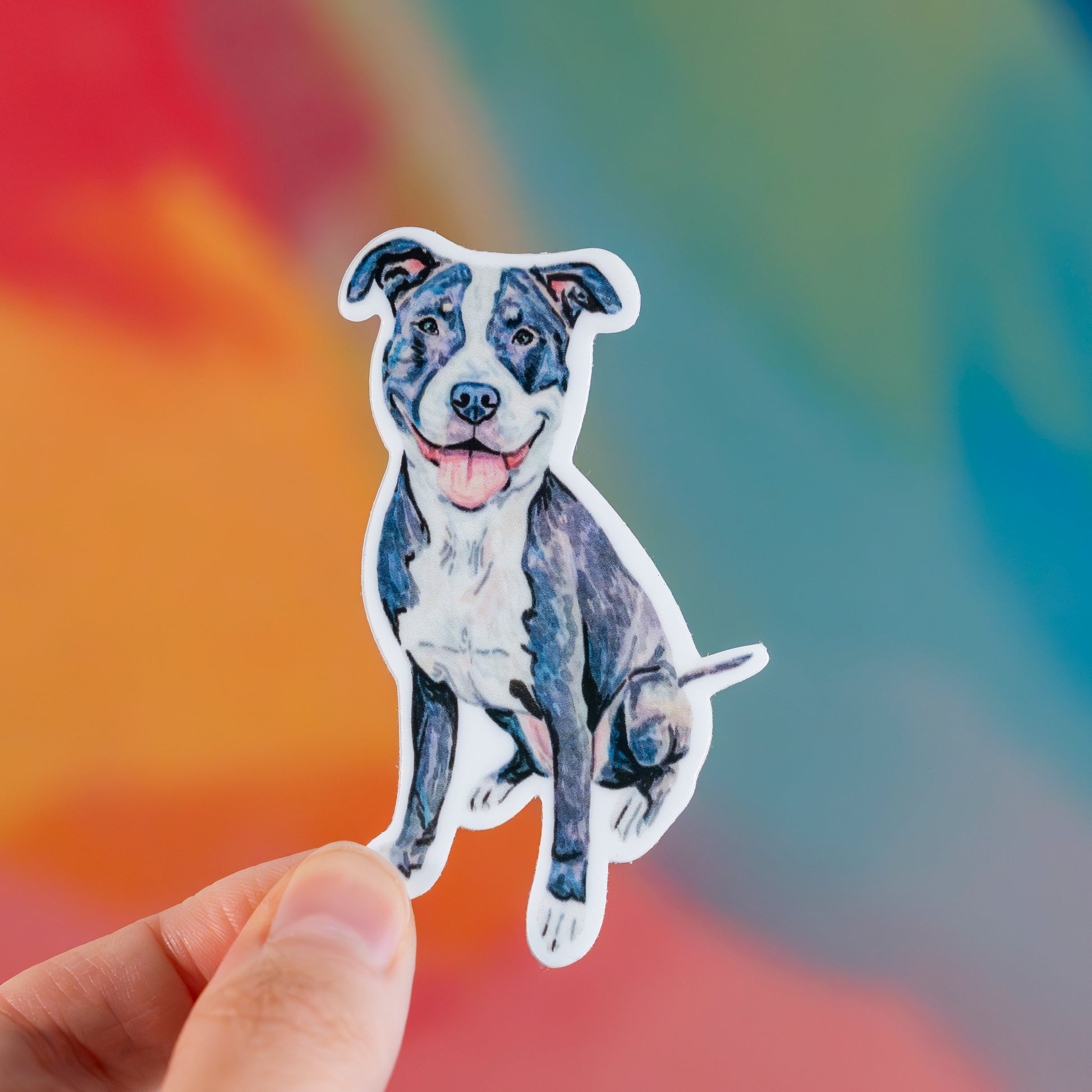 Hand holding a sticker of a blue and white pit bull dog against a colorful background