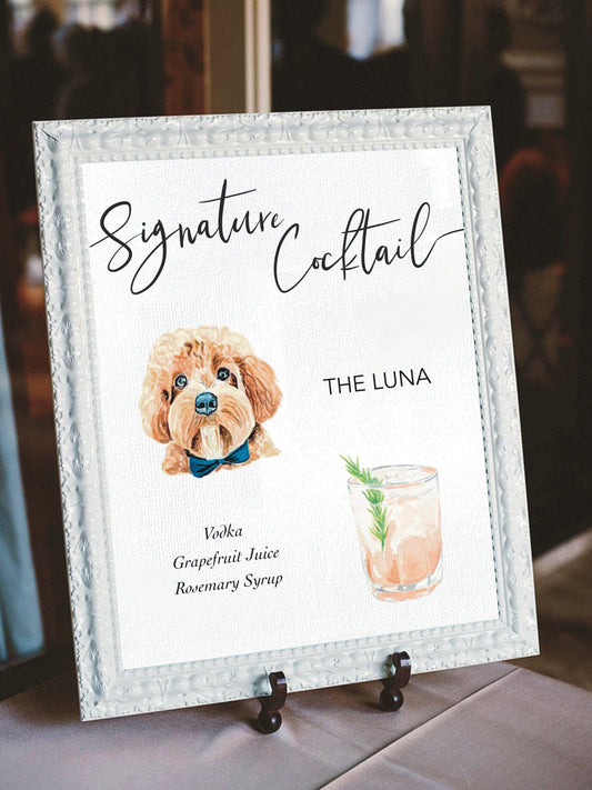 pet portrait signature cocktail sign in a white frame