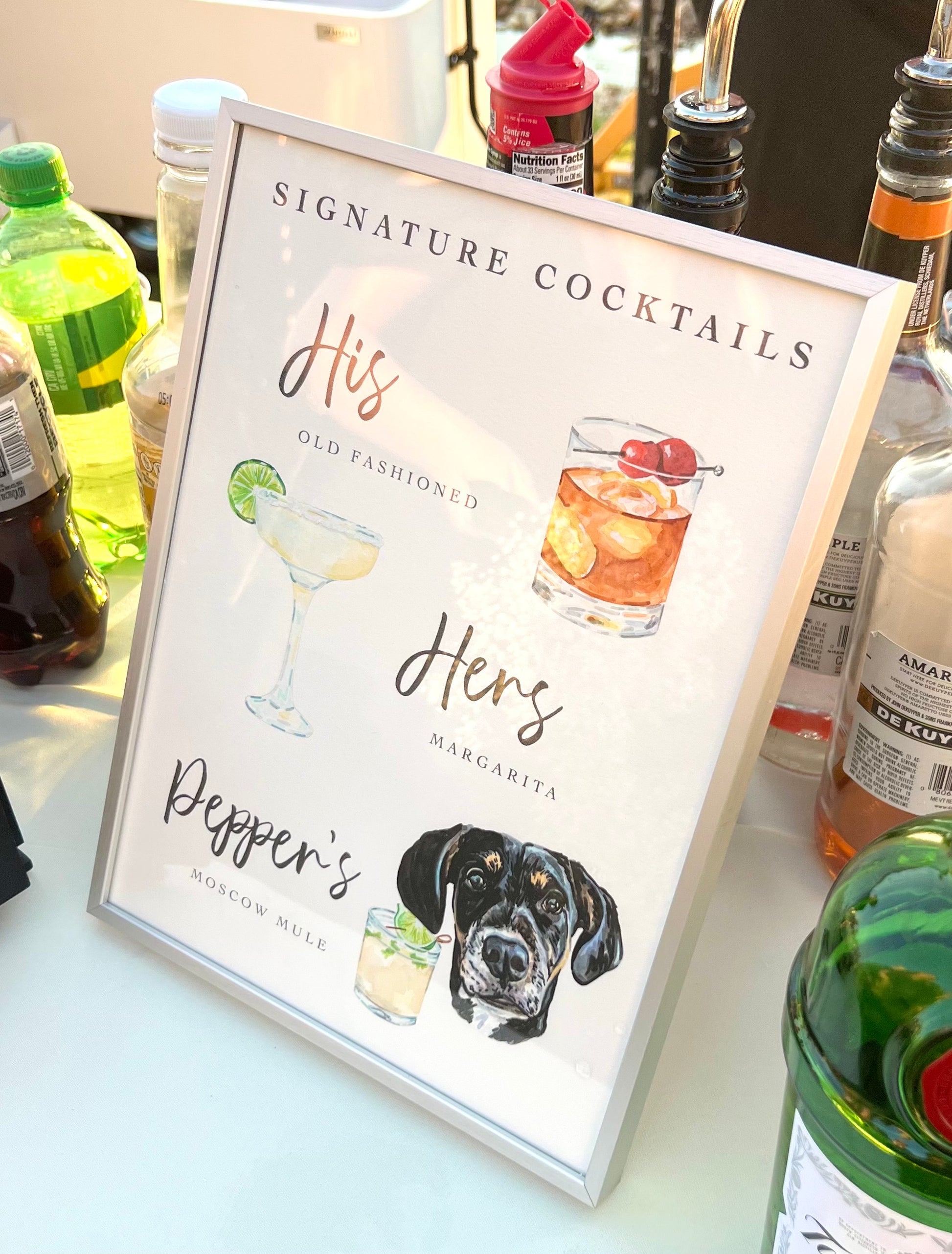 Signature cocktails sign with illustrations and a dog illustration on a bar counter.