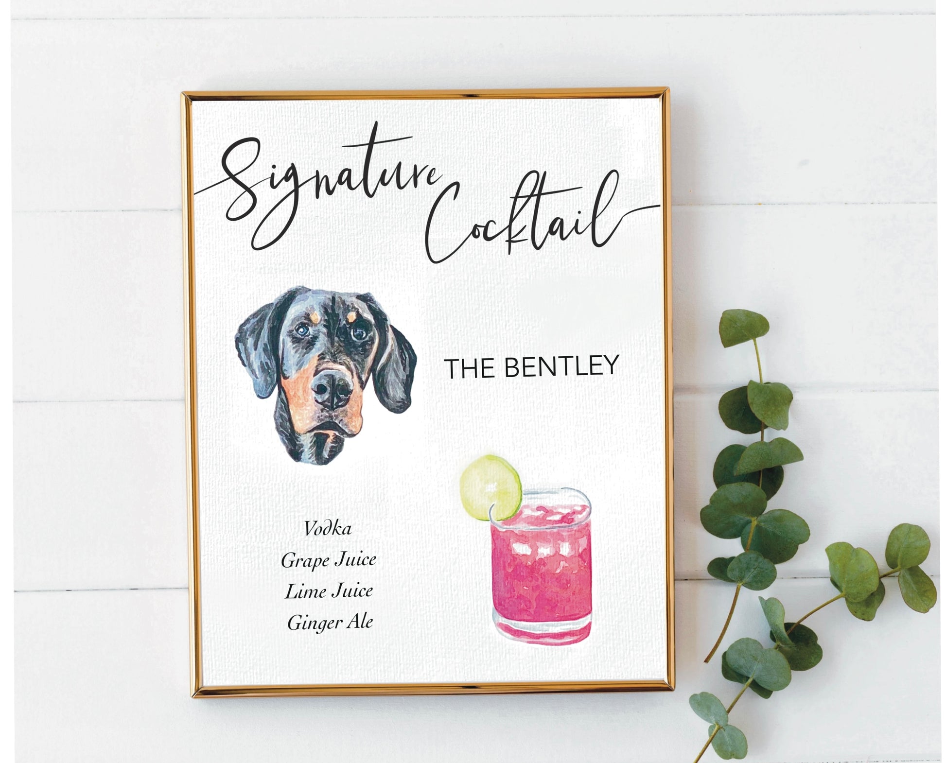 signature cocktail sign with a dog and drink illustration