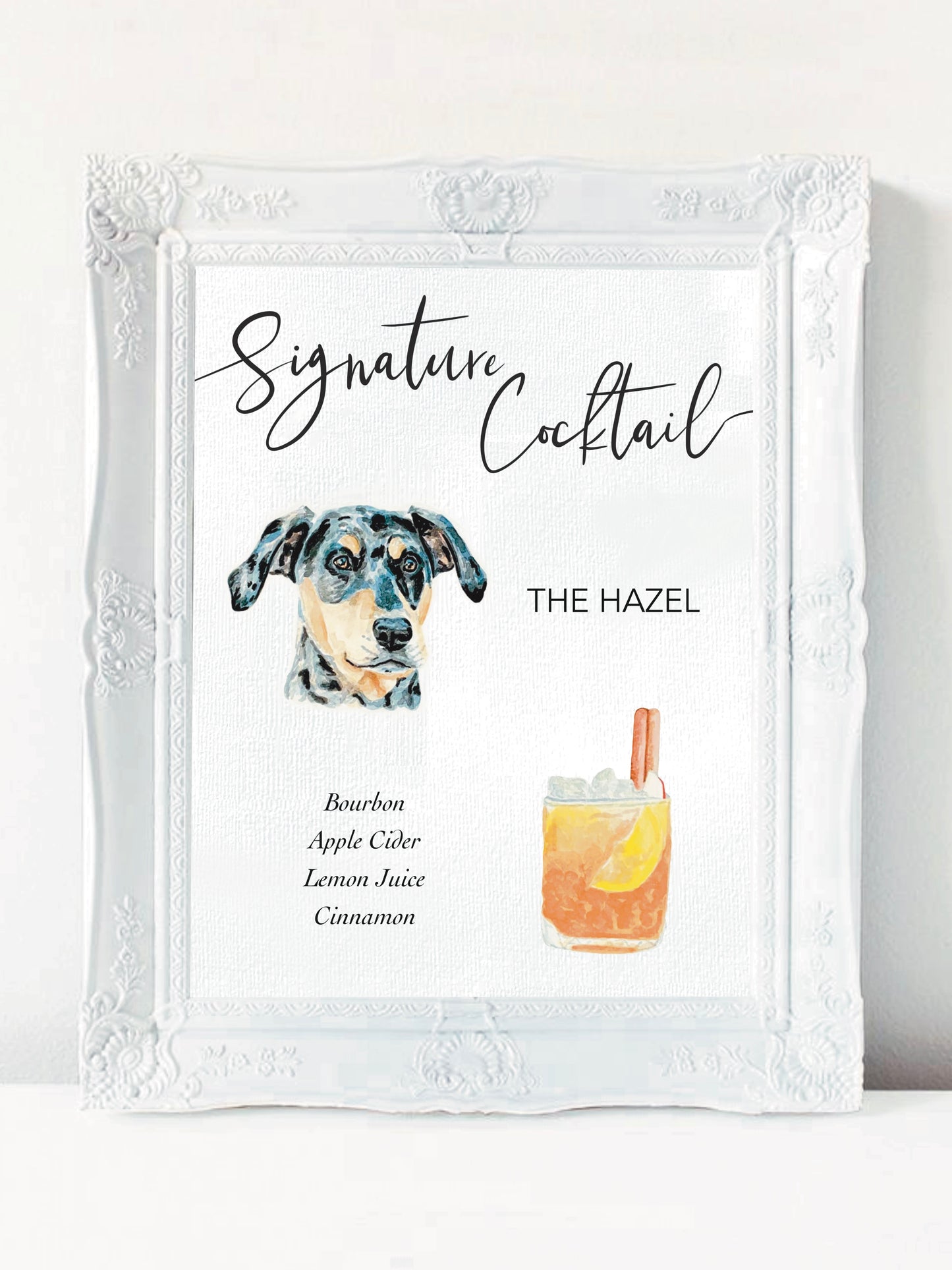 Signature cocktail sign in a white frame on a white background