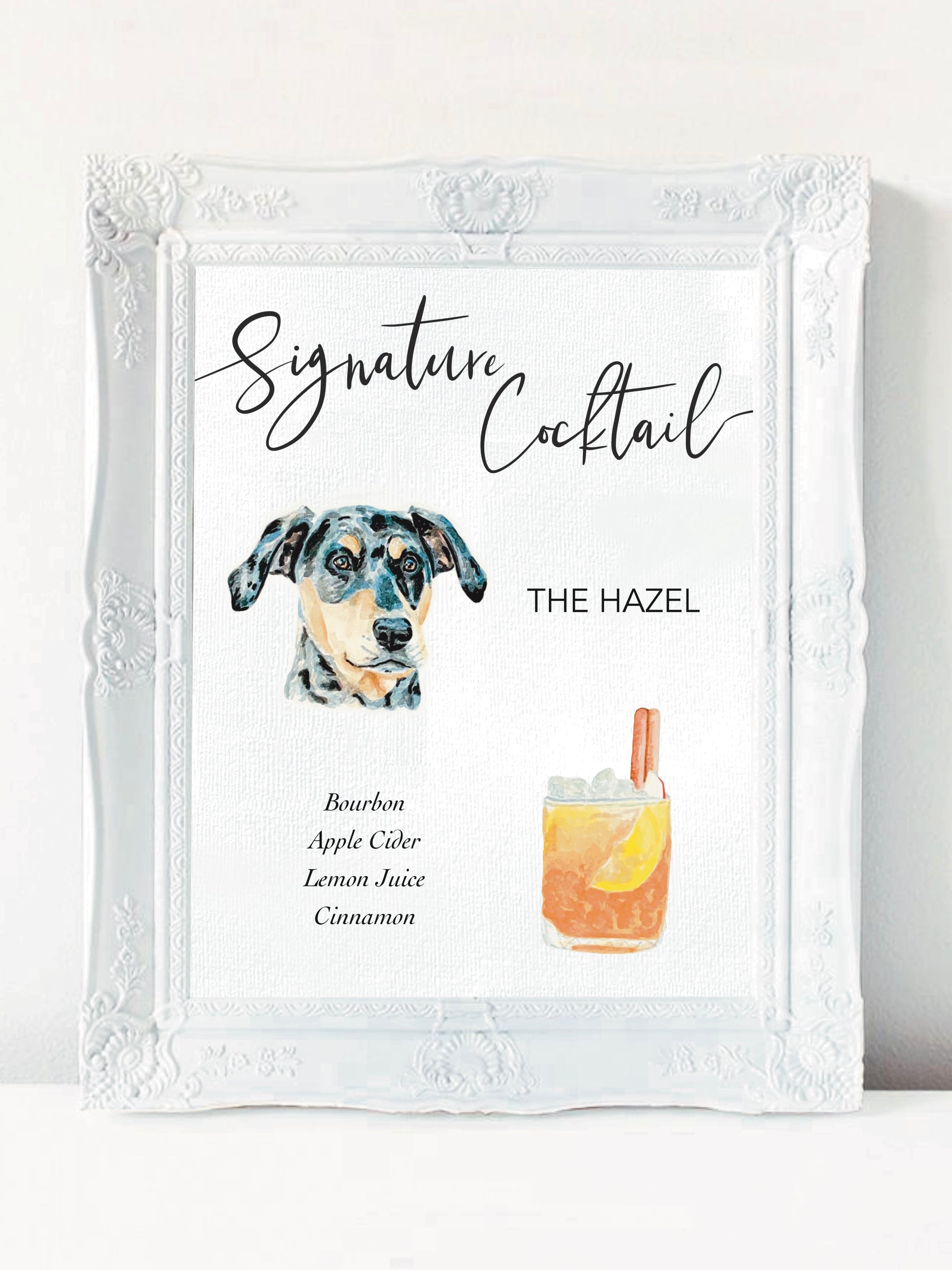 Signature cocktail sign in a white frame on a white background