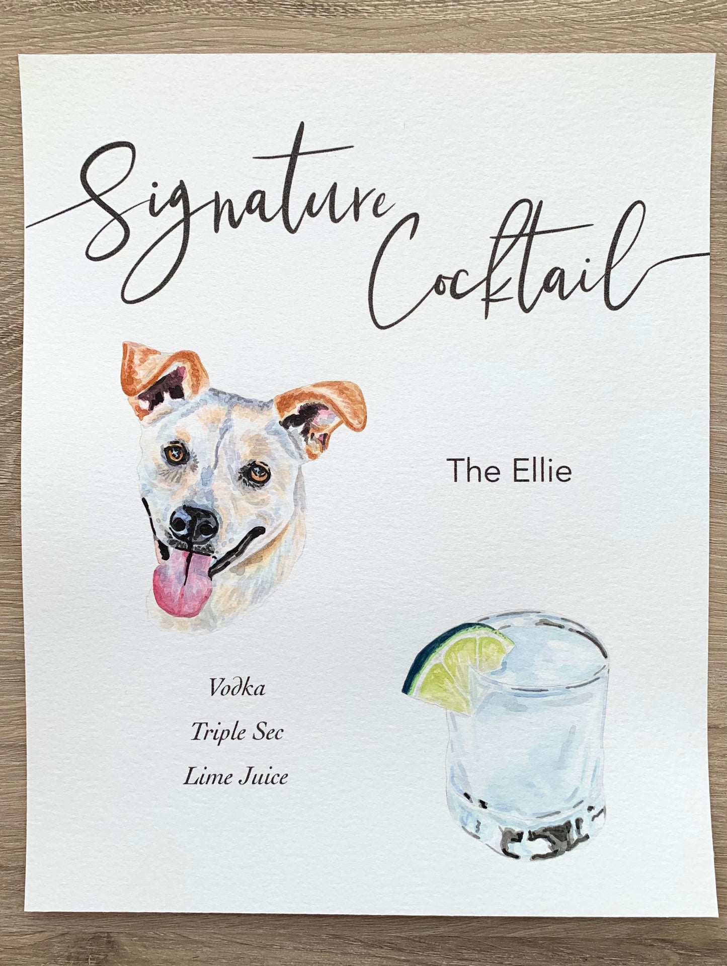 signature cocktail sign of a pet portrait and a margarita