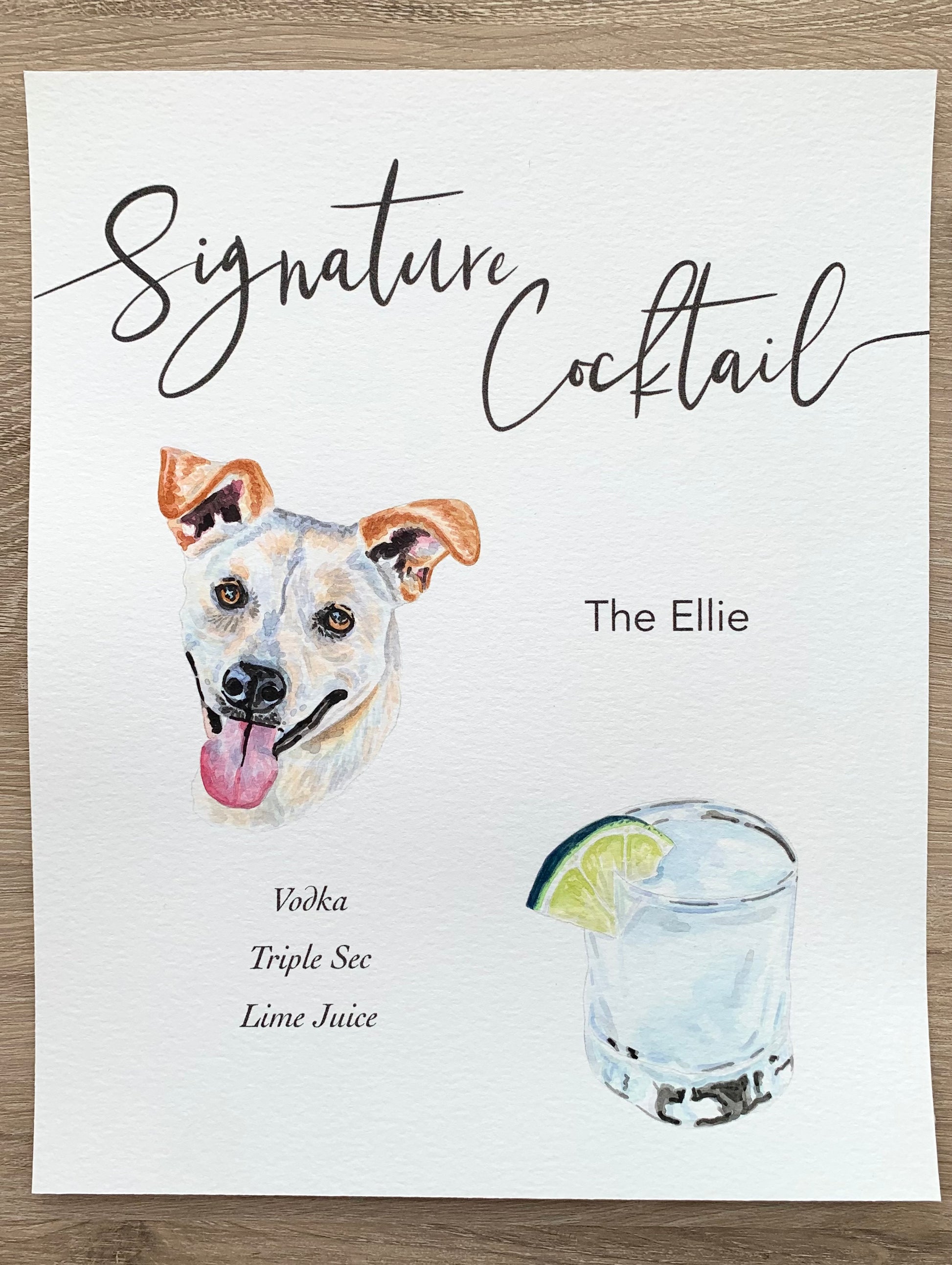 signature cocktail sign of a pet portrait and a margarita