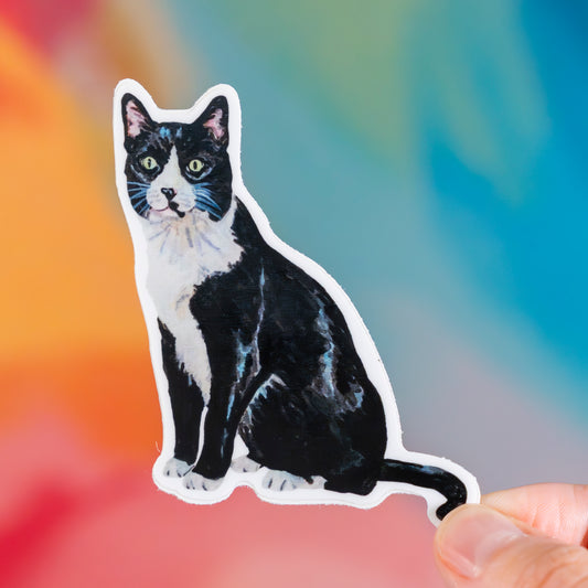 Sticker of a black and white cat held against a colorful background