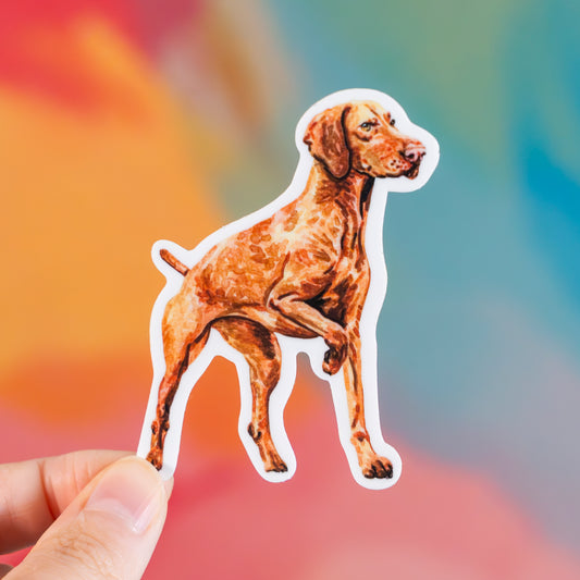 Sticker of a vizsla dog held by a hand with a colorful blurred background