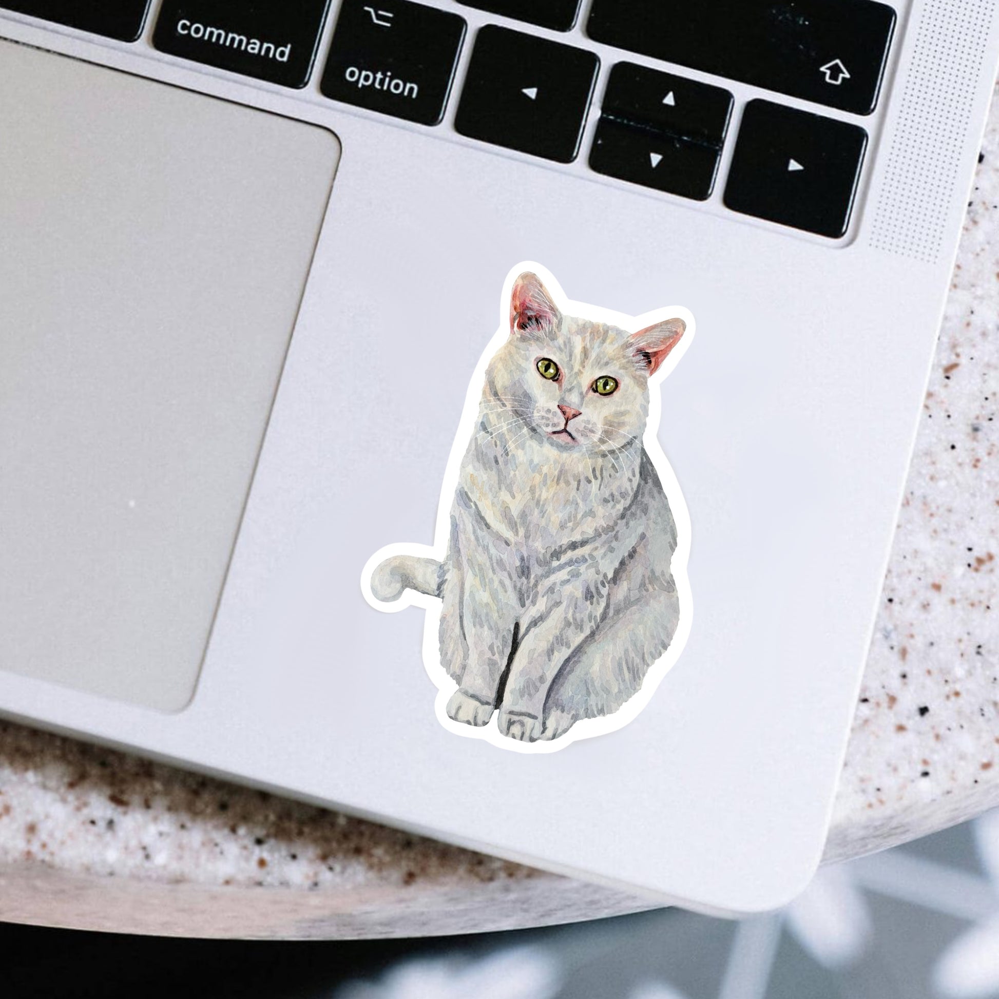 White cat sticker on a laptop
