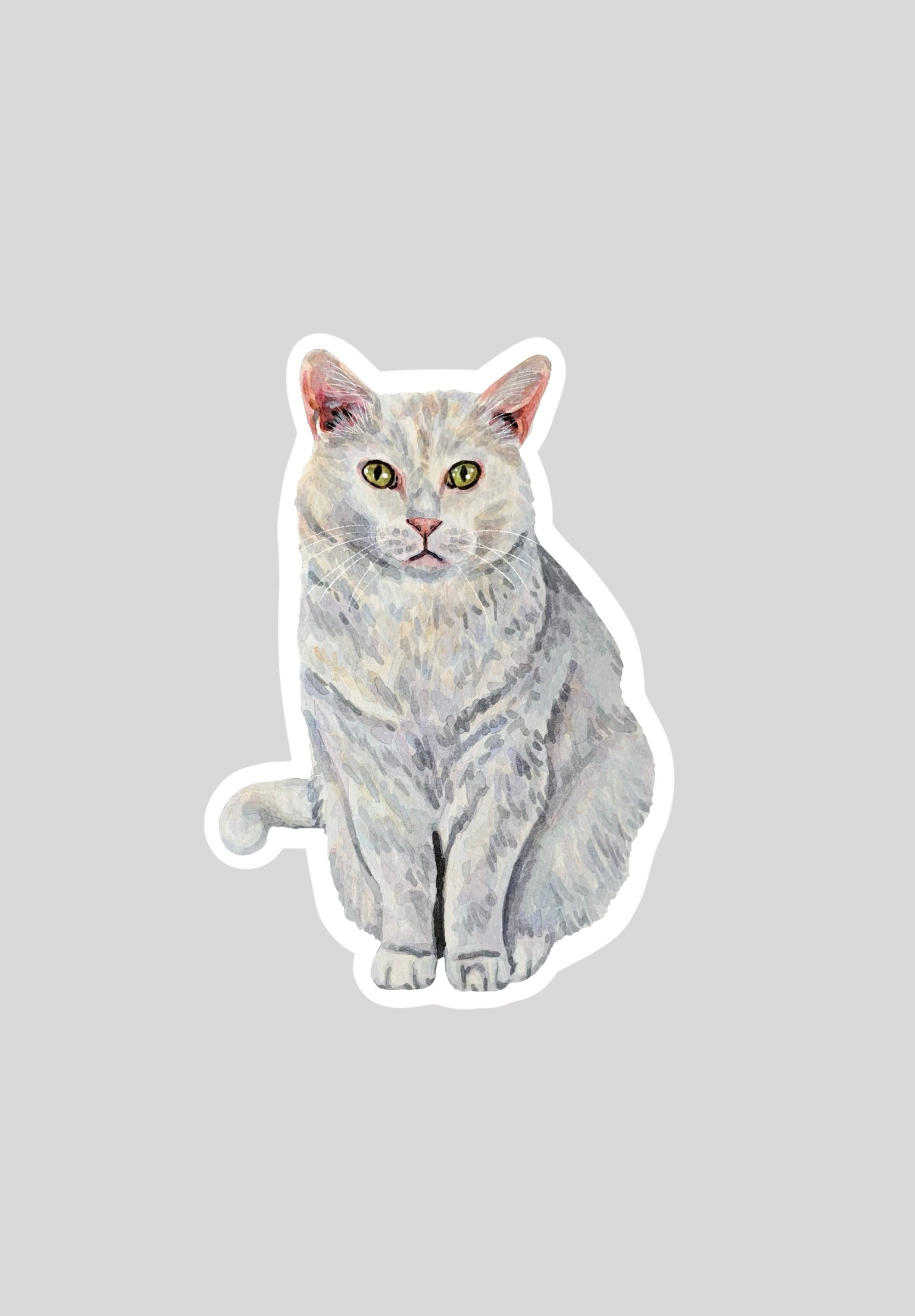 Sticker of a white cat with pink ears on a light gray background